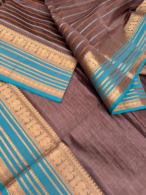Woven Motifs Silk Cotton - chocolate grey velvet with dusk teal borders