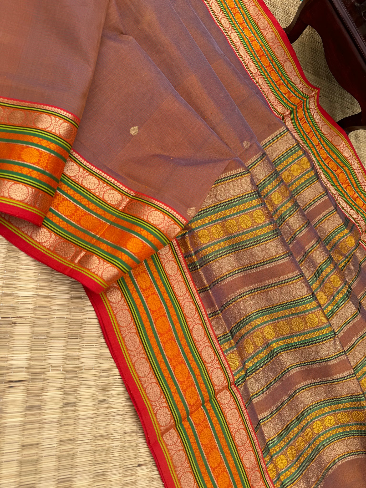 Zari Kissed Silk Cotton - a caramel mustard dual tone varusai pett woven border