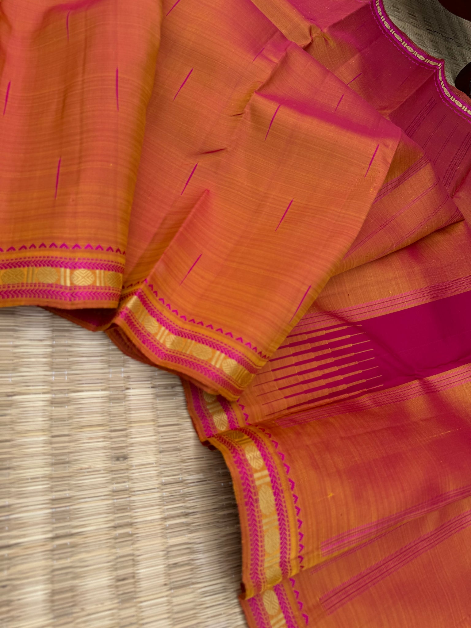 Woven from Memories - Stunning No Zari Kanchivarams - a rusty orange rain drops woven buttas with small classic vintage borders