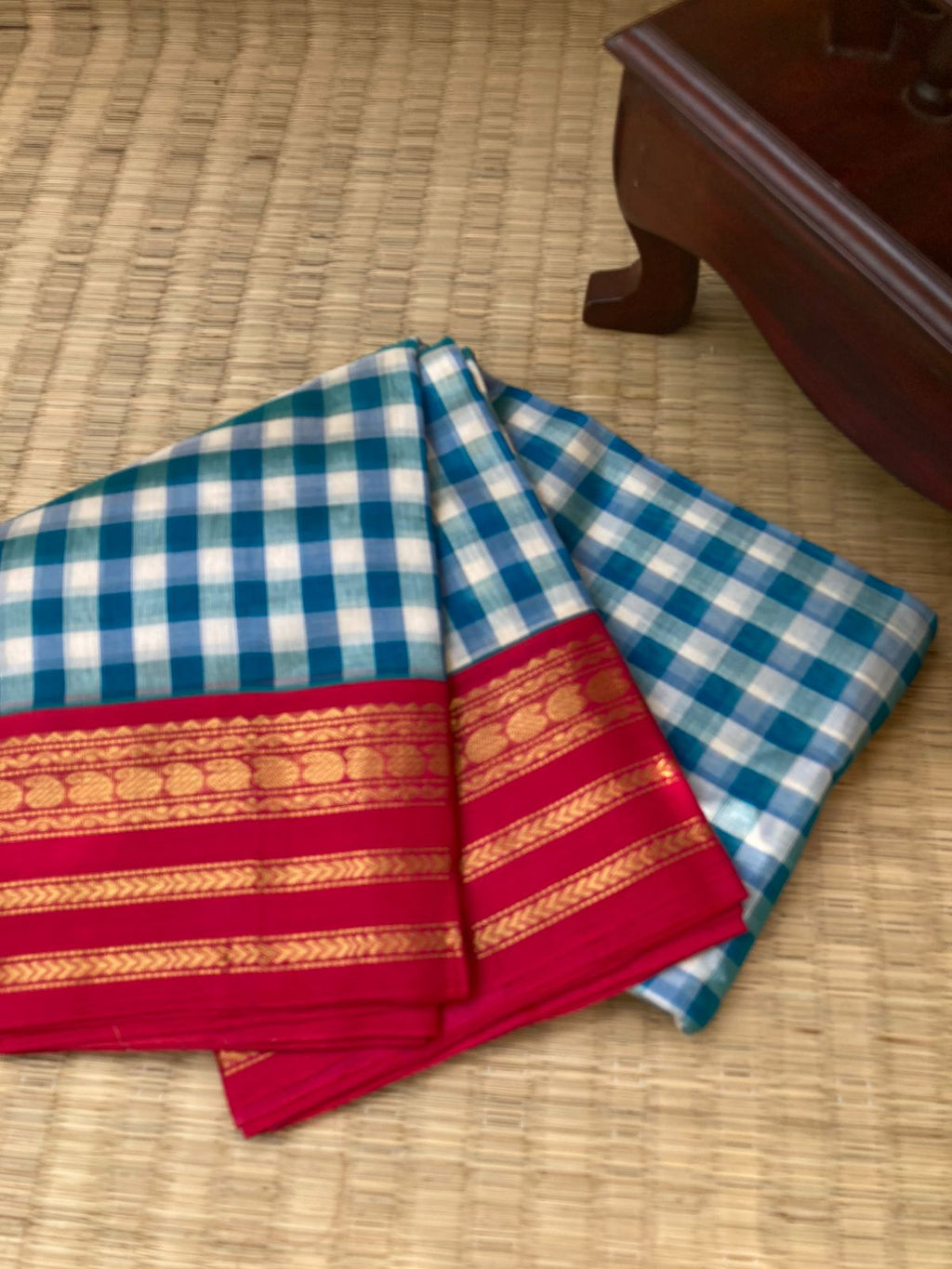 Paalum Palamum Kattams Korvai Silk Cottons - off white and blue chexs with red borders