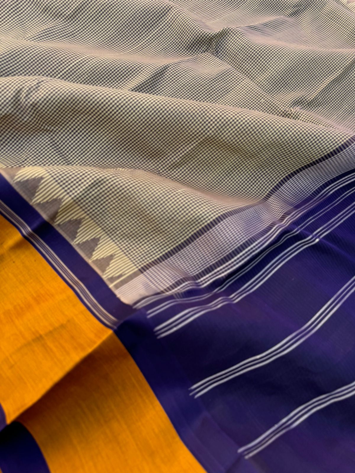 Signature Silk Cotton -English kasa kasa kattam with deep navy blue pallu and blouse