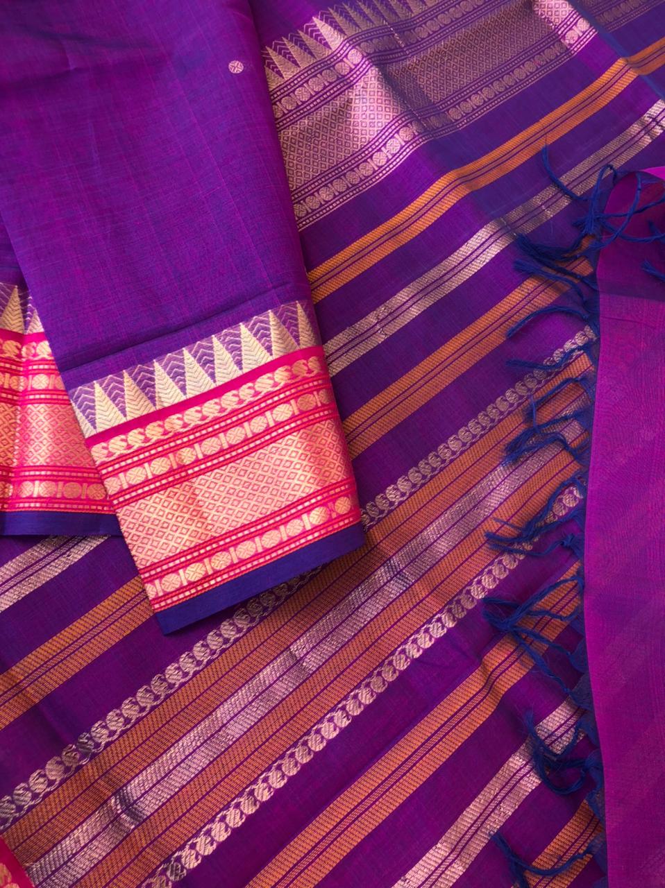 Zari Kissed Silk Cotton - dual tone purple short violet with mayil kann woven borders