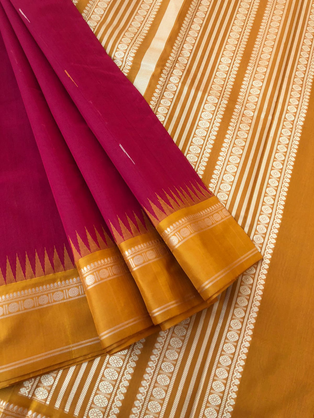 Mira - Our Exclusive Cotton body with Pure Silk Korvai Borders - kum kum red short red with malli mokku woven buttas with mustard borders and pallu