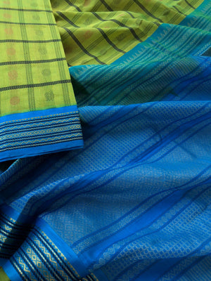 Divyam - Korvai Silk Cotton with Pure Silk Woven Borders - apple green and blue 1000 buttas