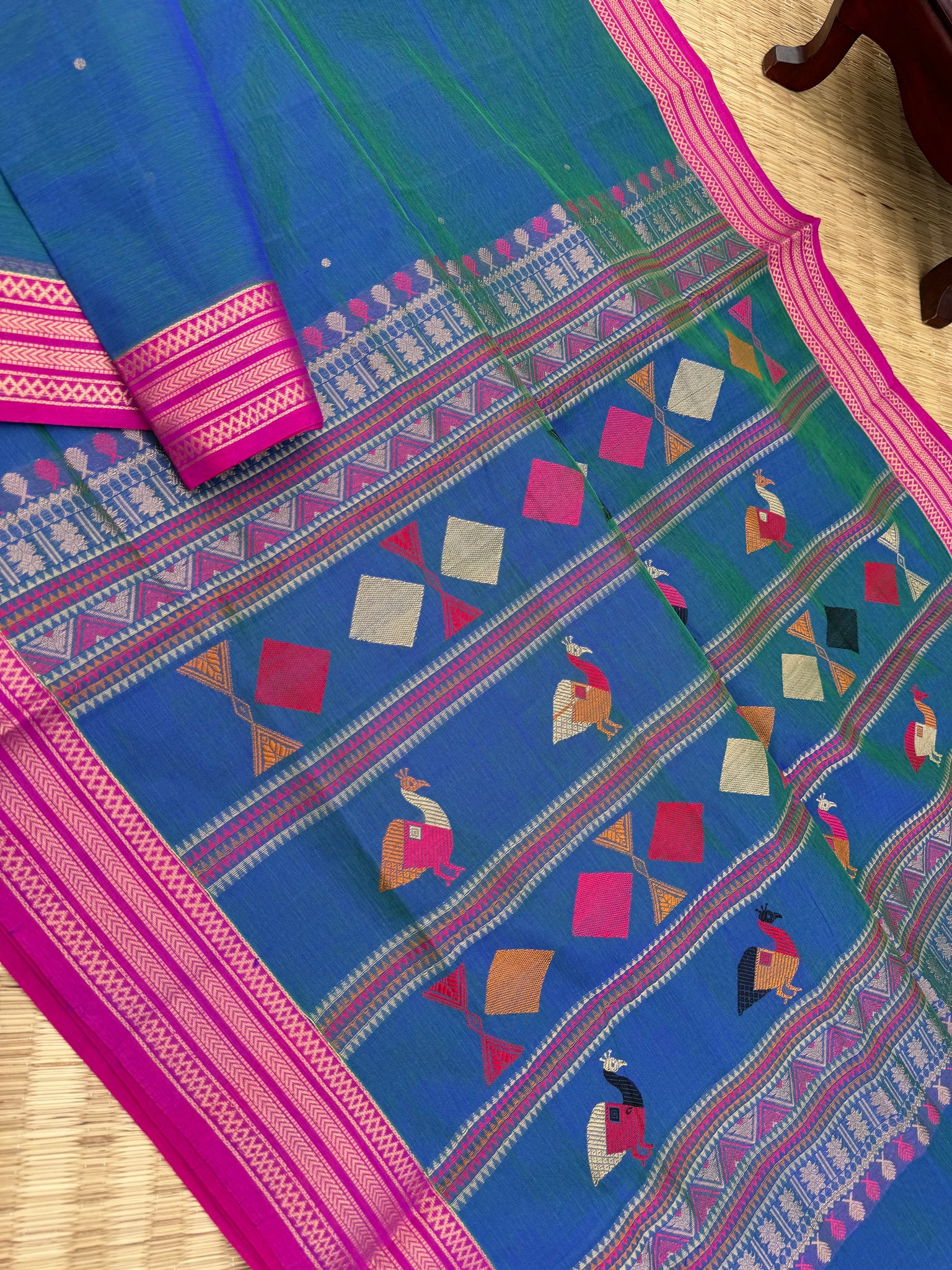 Zari Kissed Silk Cotton - a dual tone peacock blue green bomkai