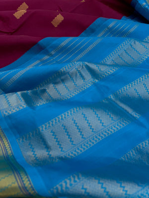 Korvai Silk Cottons - burgundy and sulphate blue with woven buttas