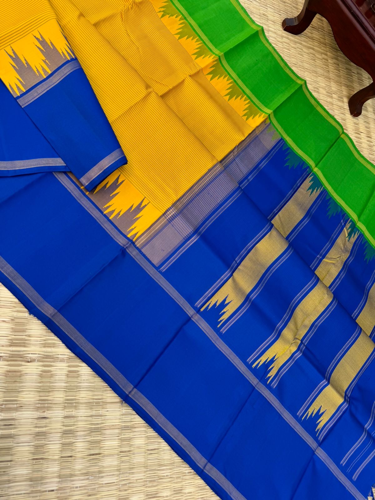 Rarest Korvai Kanchivaram - mango yellow with stripes woven body with ms blue and green ganga jammuna woven korvai borders