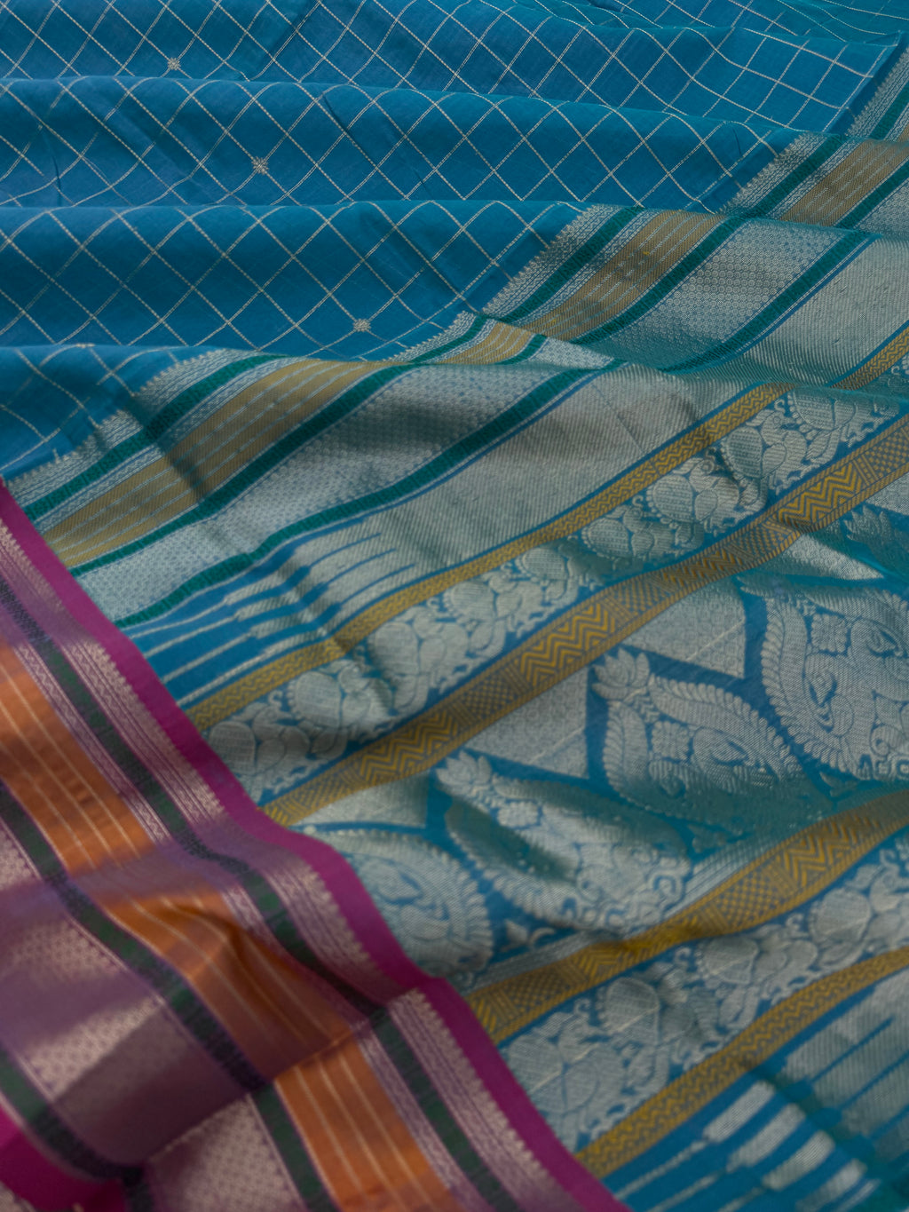 Zari Kissed Silk Cotton - teal blue muthu kattam
