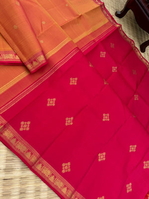 Leela - The bliss of small border Kanchivarams - rusty orange and red with unique buttas woven pallu and blouse