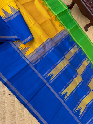 Art of Kai Korvai Kanchivaram - mustard strips woven body with blue and green ganga jammuna woven borders