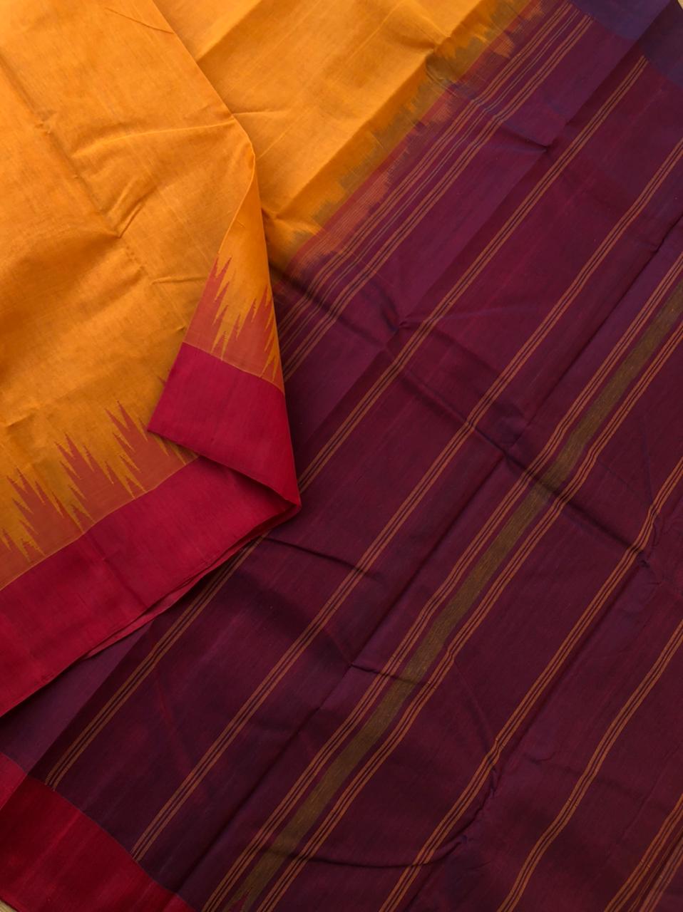 Cotton body with Pure Silk One Side Korvai Borders - turmeric mustard and red