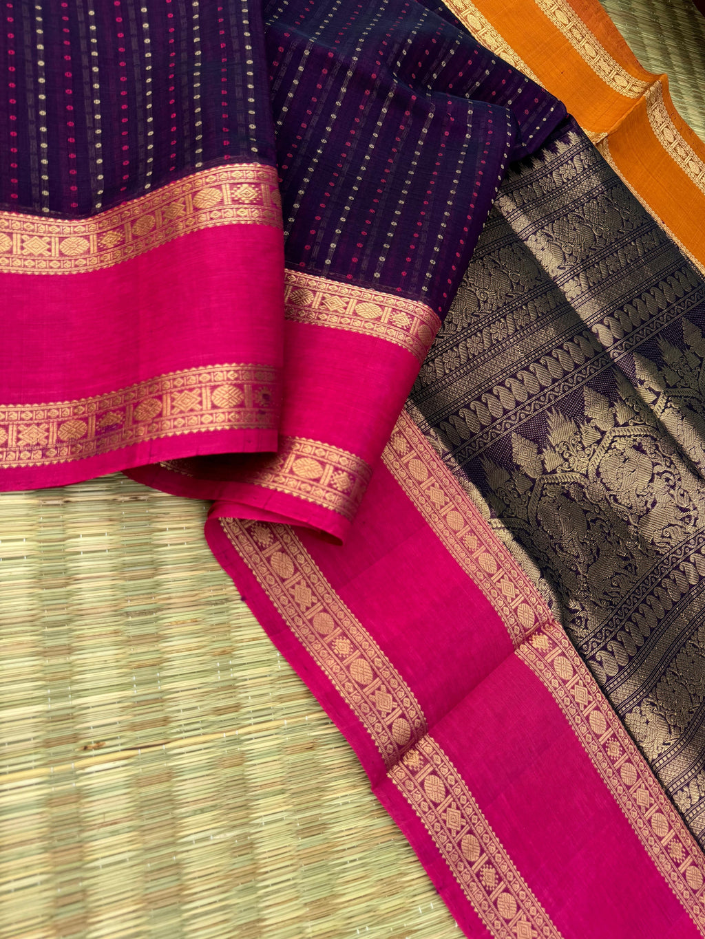 Woven Motifs Silk Cotton - deep purple lakshadeepam with ganga jammuna woven borders