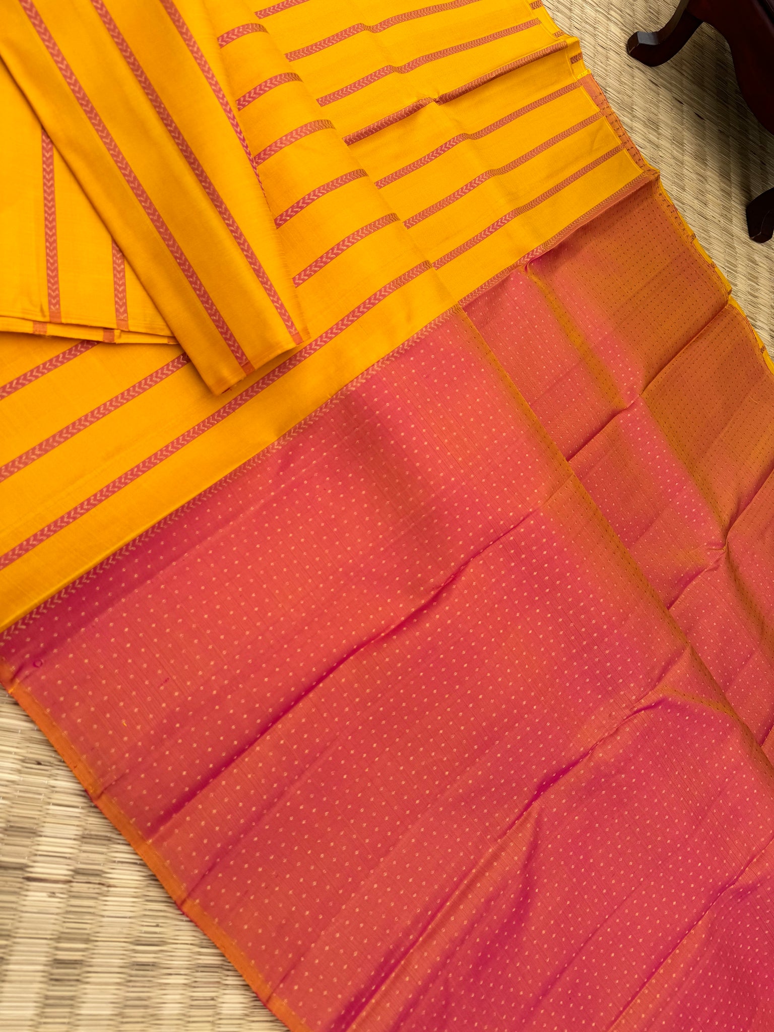 Album Untouched - a stunning yellow vertical veldhari woven body with dual tone peach grand zari woven pallu and blouse