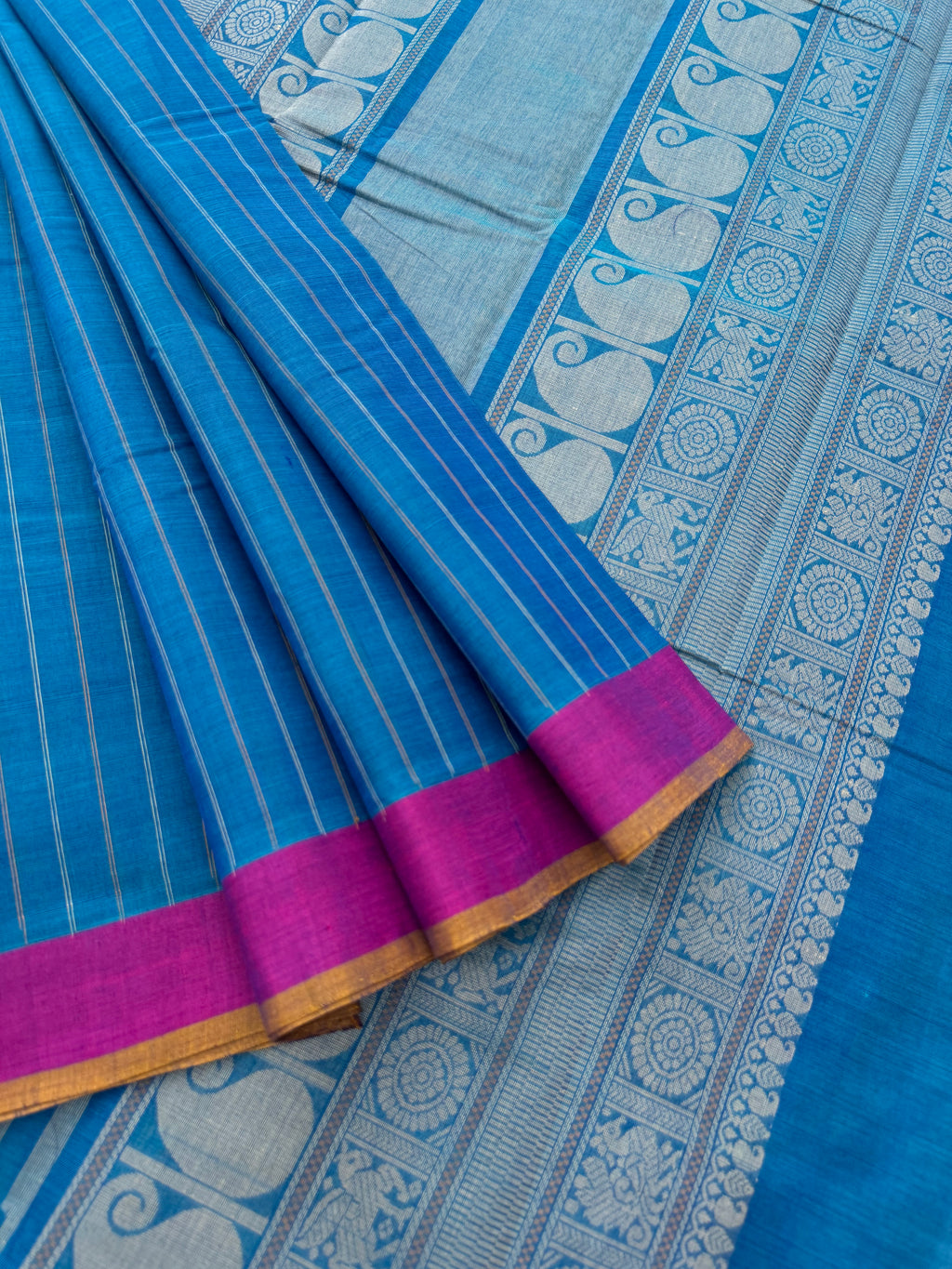Corporate Style Mangalavastaram - peacock blue corner buttas with muthu stripes woven body