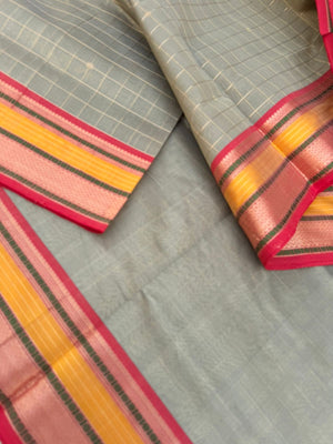 Pastels on Zari Kissed Silk Cotton - a unique unusual grey gold with different colours woven borders