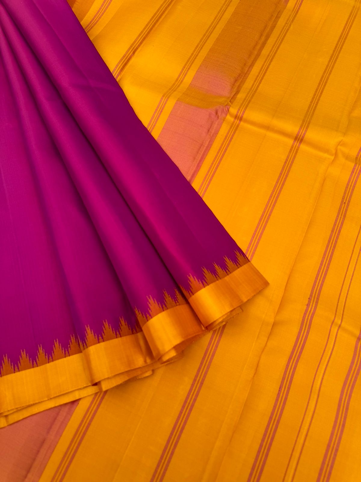 Rarest Korvai Kanchivaram - the stunning deep kum kum pink and mustard for people who love one inch korvai small borders