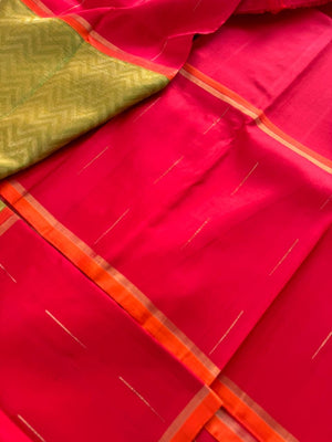 Tasteful Tall Border Kanchivarams - beautiful green and gold full body chevron V pattern with tomato red long korvai woven borders