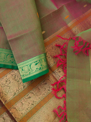 Zari Kissed Silk Cotton - a perfect shade dual tone maanthulir for people who love small borders