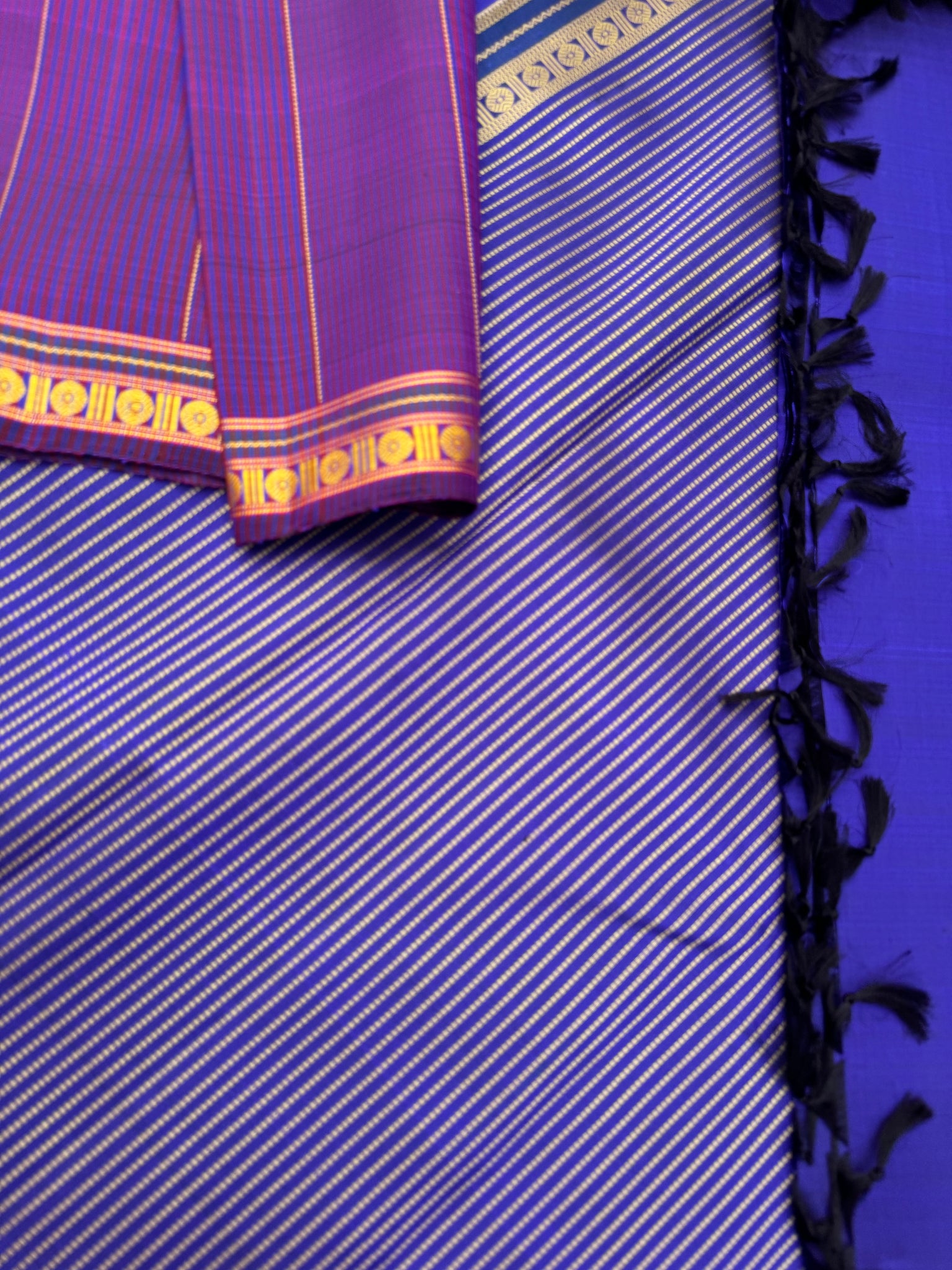 Leela - violet purple no zari small border kanchivaram with ink blue pallu and blouse