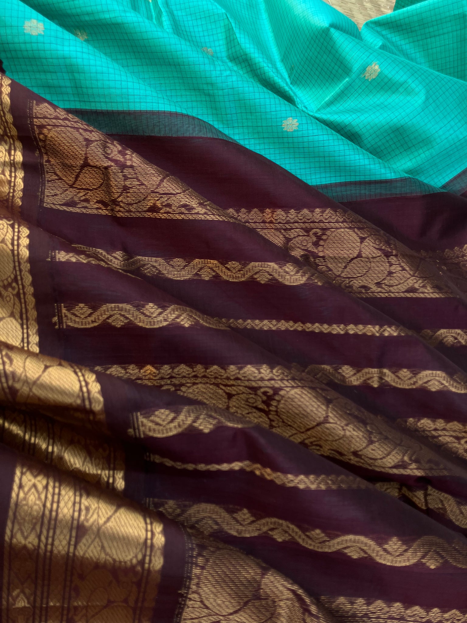 Korvai Silk Cotton - teal and coffee bean zari kattam