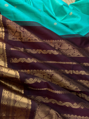 Korvai Silk Cotton - teal and coffee bean zari kattam