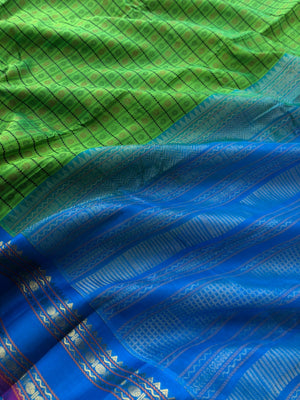 Divyam - Korvai Silk Cotton with Pure Silk Woven Borders - apple green and blue intricate 1000 buttas