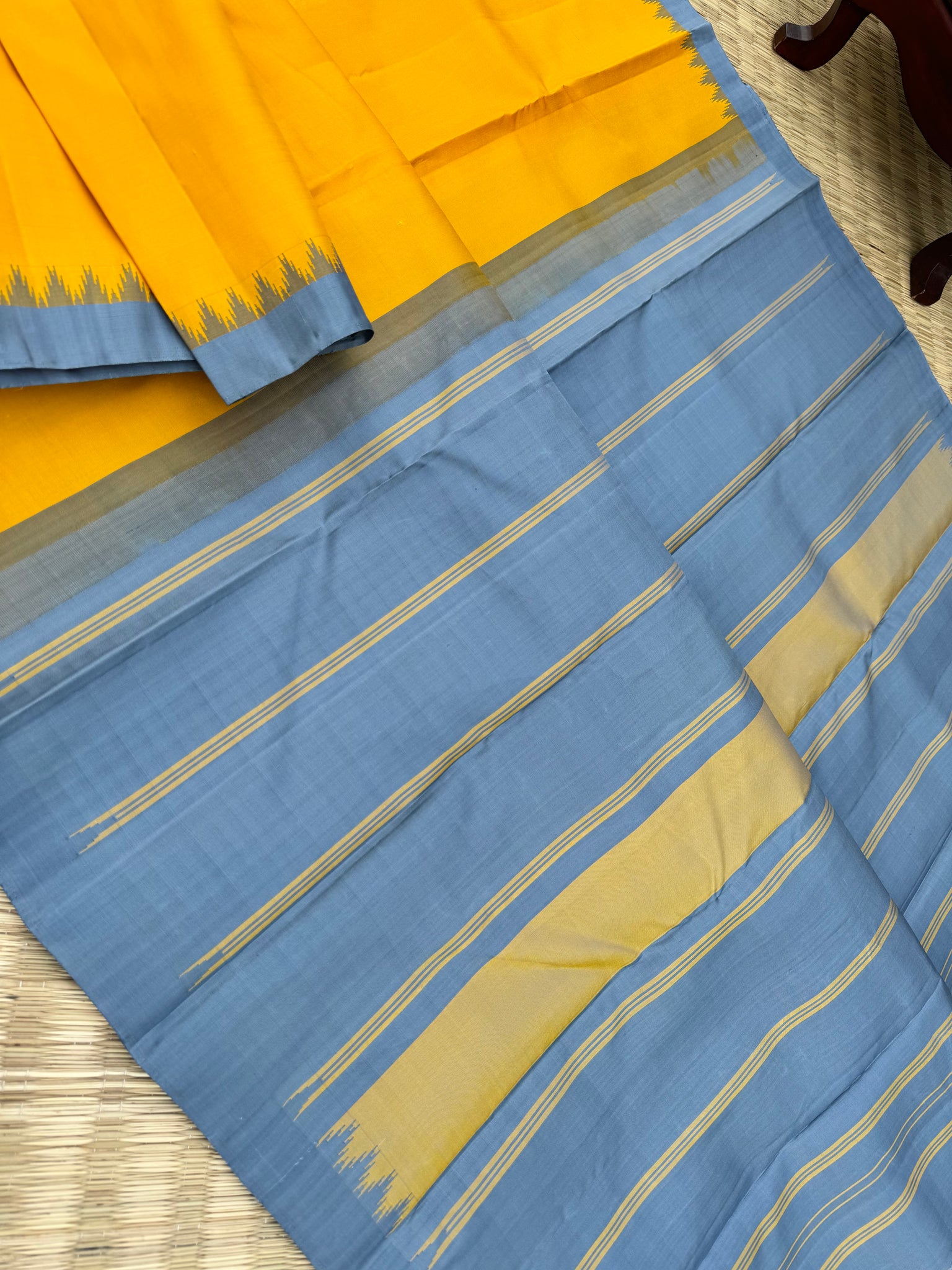Ekatara - The Rarest Kai Korvai Kanchivarams - golden yellow and grey for people who love small korvai borders