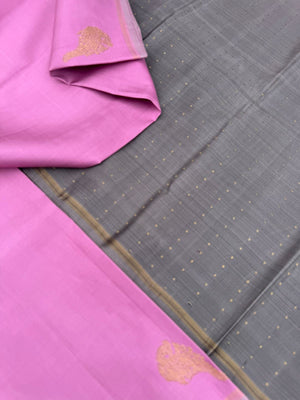 Mohaa - Rarest Borderless Kanchivarams - stunning panner rose pink with aadai woven killi ( parrots ) buttas with grey pallu and butta woven blouse