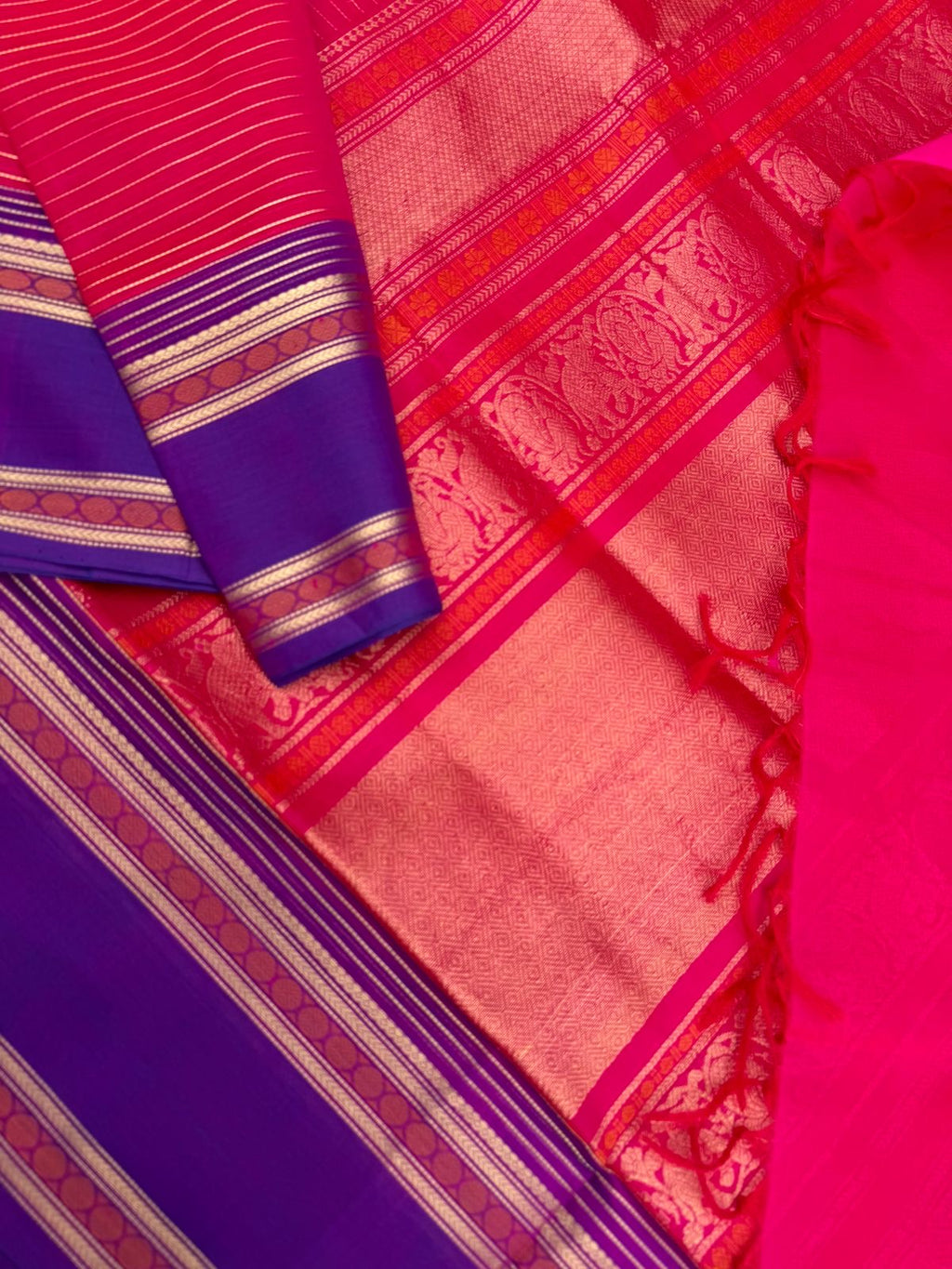 Zari Kissed Silk Cotton -rain pink short red Vairaoosi with traditional borders