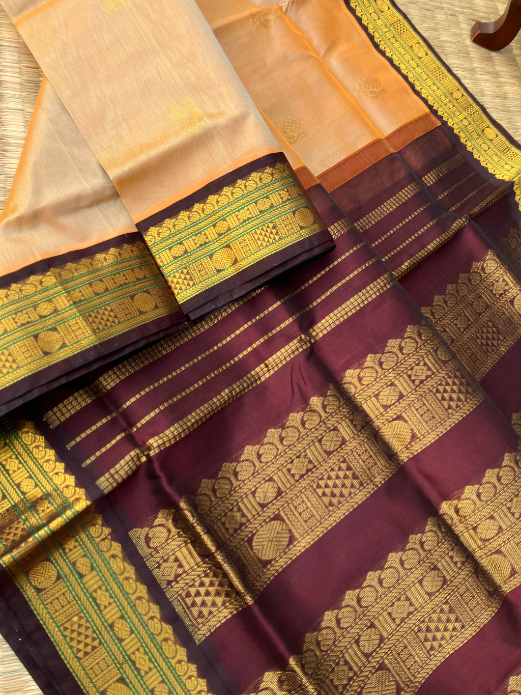 Korvai Silk Cotton - unusual rusty cream body and coffee bean pallu and blouse