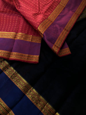 Woven Motifs Silk Cotton - rusty brick red and black Lakshadeepam