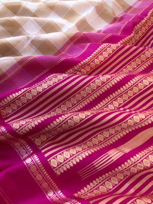 Mira - Our Exclusive Cotton body with Pure Silk Korvai Borders - off white and cookie tone chettinad chex with Indian pink borders pallu and blouse