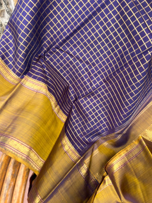 Meenakshi - Heirloom Kanchivaram - deep navy blue and burnt golden mustard with gold chain kattam woven body