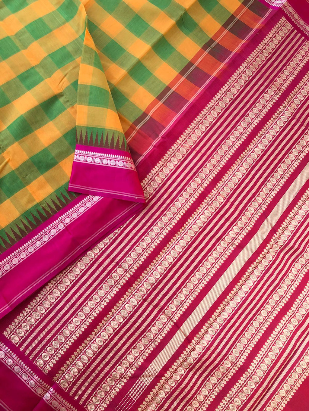 Mira - Our Exclusive Cotton body with Pure Silk Korvai Borders - most traditional mustard and green kandangi chex woven body with Indian pink borders pallu and blouse