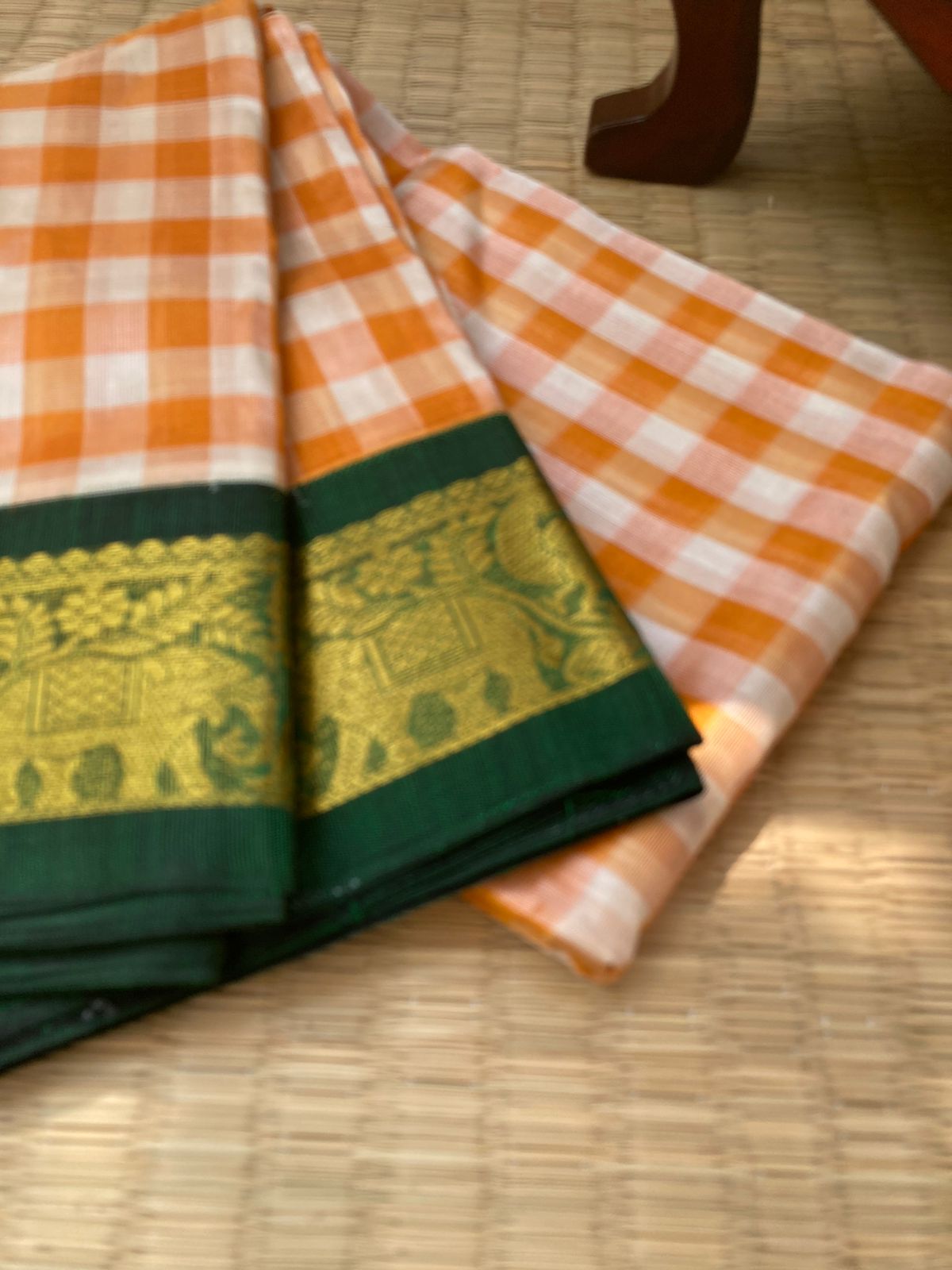 Paalum Palamum Kattams Korvai Silk Cottons - off white and orange with Meenakshi green