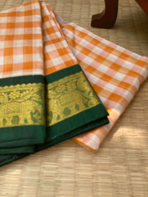 Paalum Palamum Kattams Korvai Silk Cottons - off white and orange with Meenakshi green