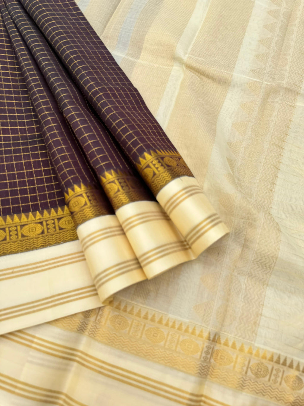 Korvai Silk Cottons - coffee bean and off white zari kattam