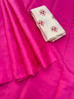 Niram - Celebrating of Full Plain Kanchivaram Silks Paired with Beautiful Blouses - fuchsia pink with off white embroidered blouse