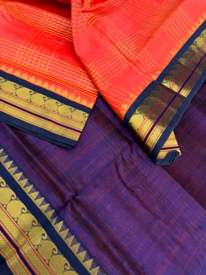 Korvai Silk Cottons - orange and navy blue zari kattam