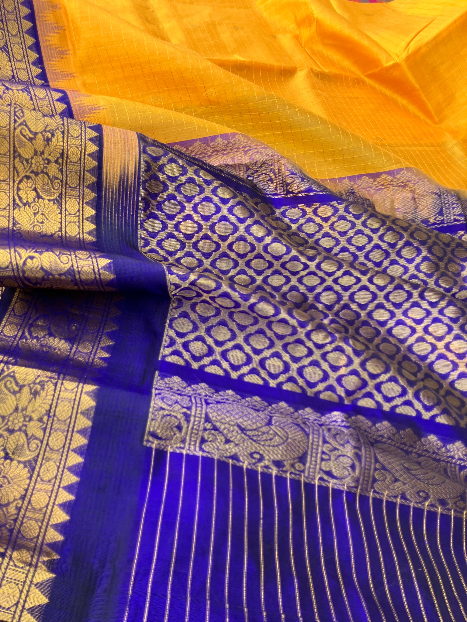 Korvai Silk Cotton - yellow and ms blue zari kattam