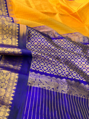 Korvai Silk Cotton - yellow and ms blue zari kattam