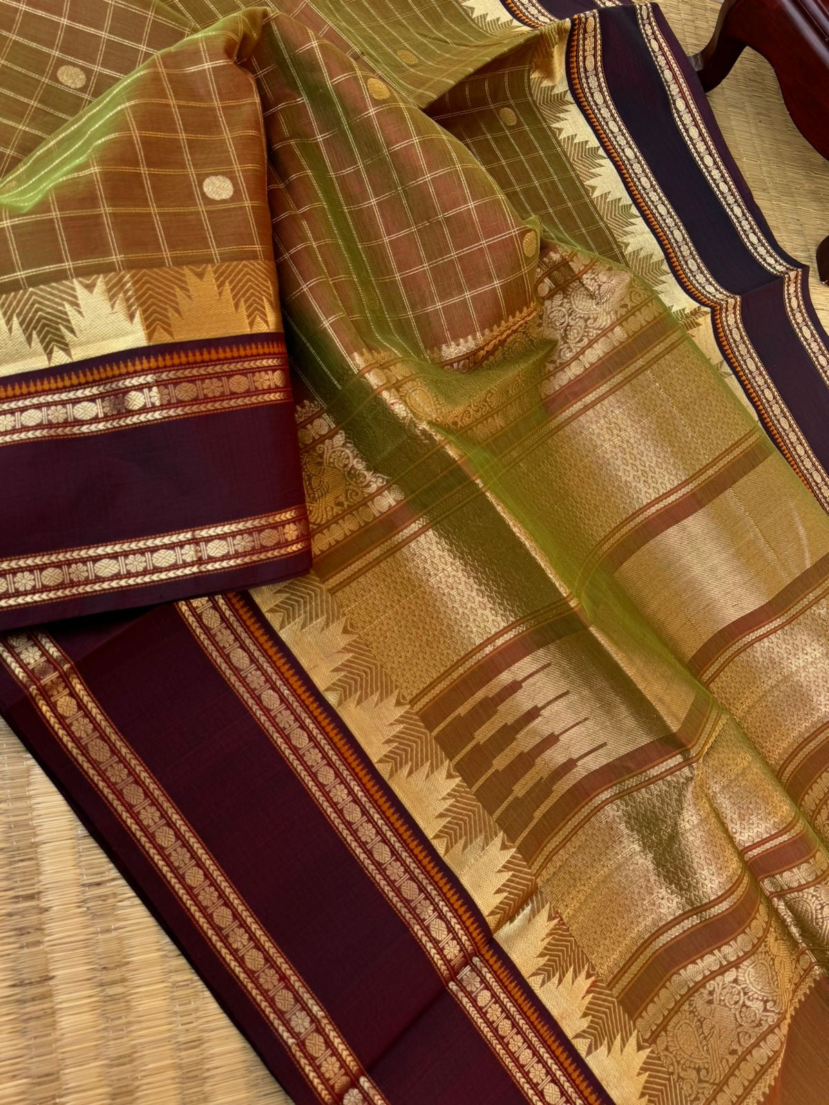 Zari Kissed Silk Cotton - unusual bronze mixed green with thalampoo woven borders
