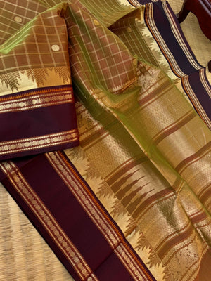 Zari Kissed Silk Cotton - unusual bronze mixed green with thalampoo woven borders