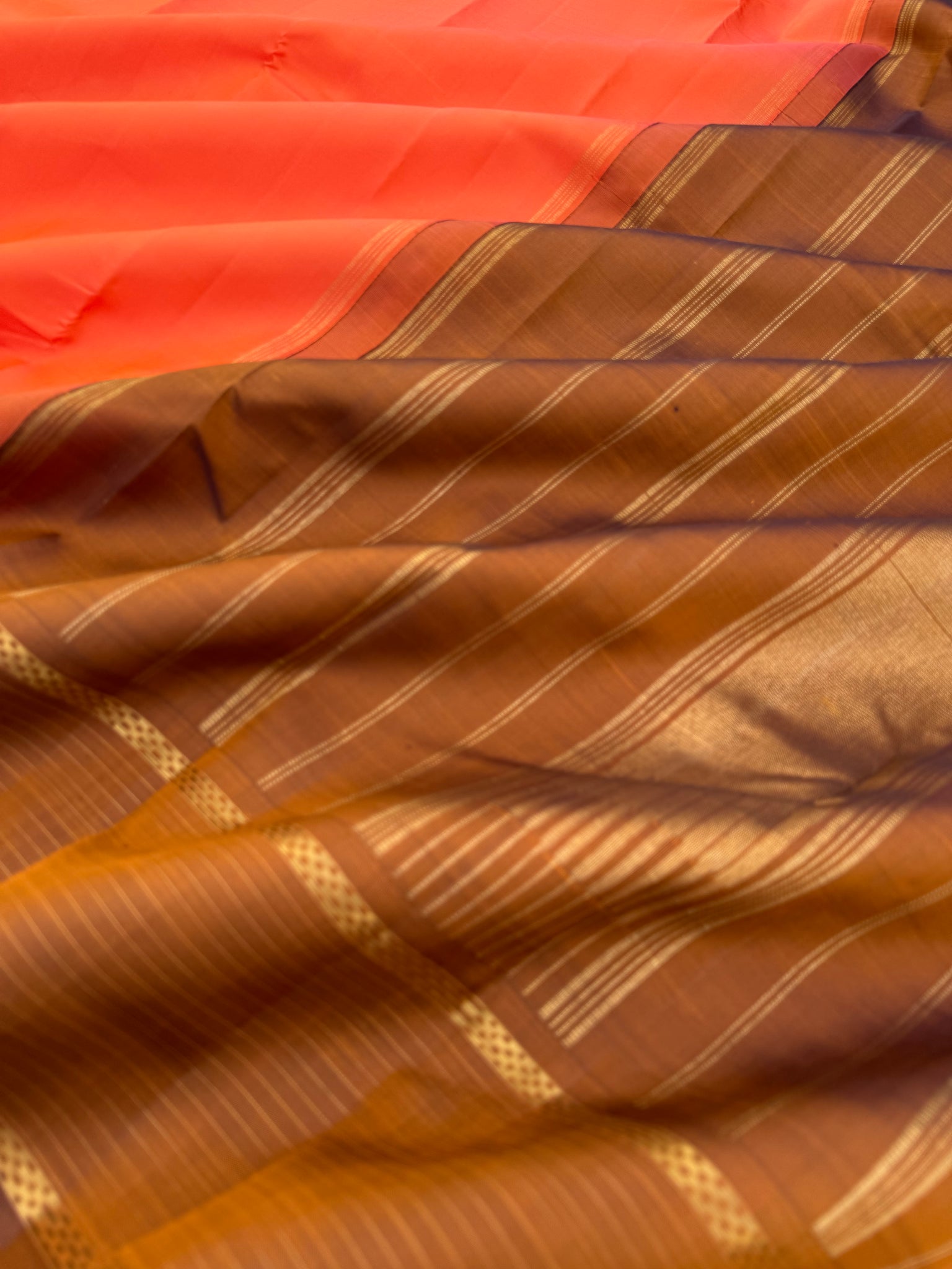 Diwali Edits - Kanchivaram For All Occasions - a unique shade of kanakambaram orange and caramel tone borders pallu and blouse