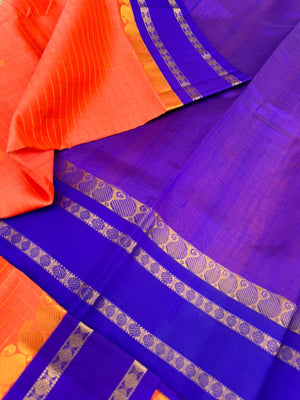Korvai Silk Cottons -prach orange and ink blue with zari kattam buttas