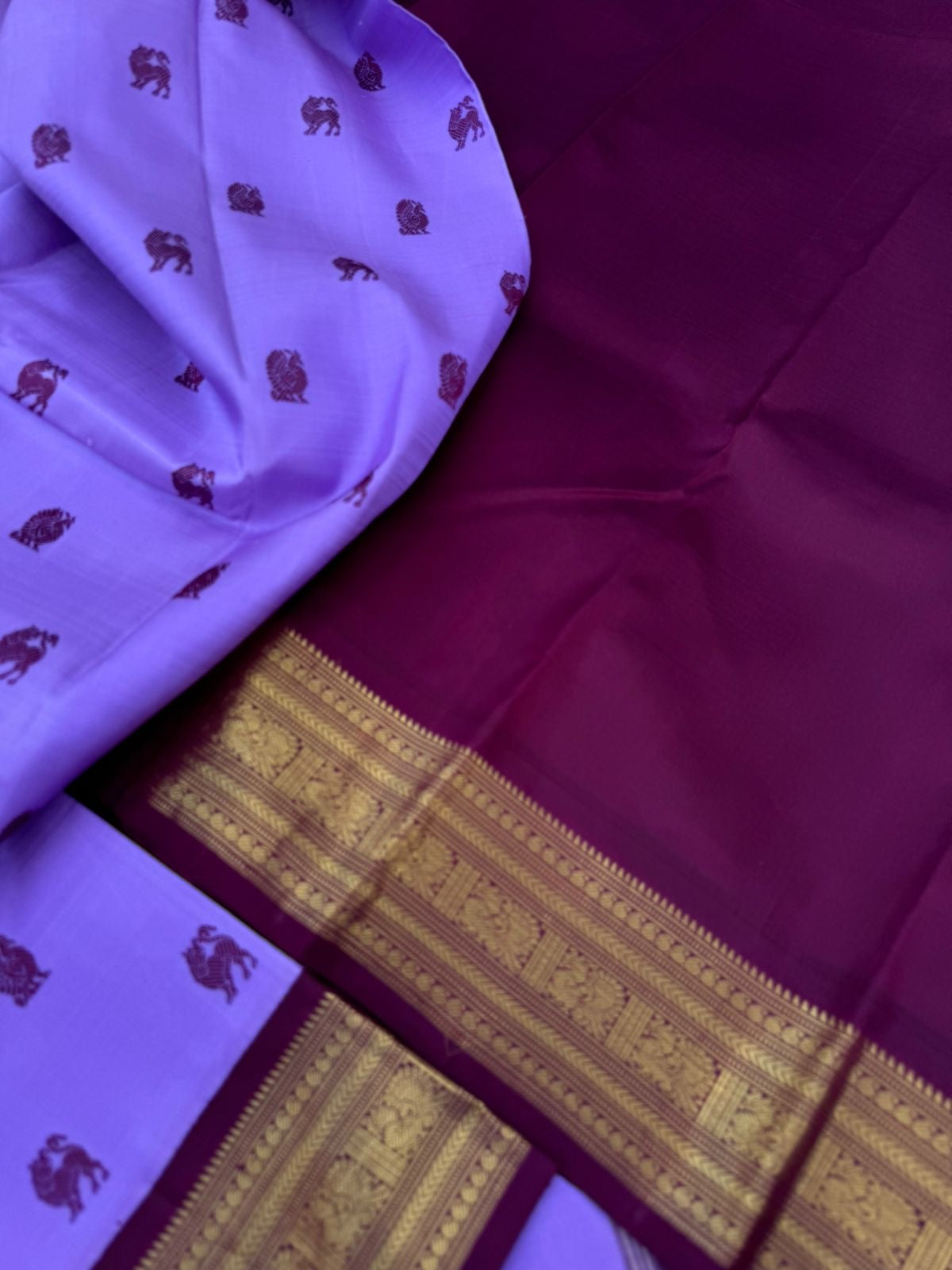 The Korvai Vibes - Authentic Korvai Kanchivaram - gorgeous blackcurrant and burgundy most unique and unusual combination with yali and annam buttas woven body