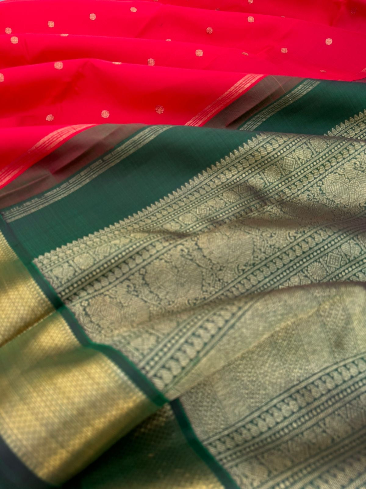 Meenakshi - Heirloom Korvai Kanchivaram - tomato red and Meenakshi green