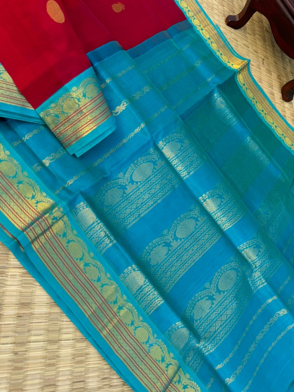 Korvai Silk Cottons - deep dark reddish aarku and anandha blue