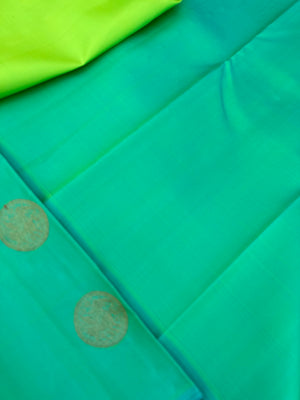 Diwali Edits - Kanchivaram For All Occasions - shocking green and dual tone aqua with one side woven broad with irruthalai pakshai woven buttas