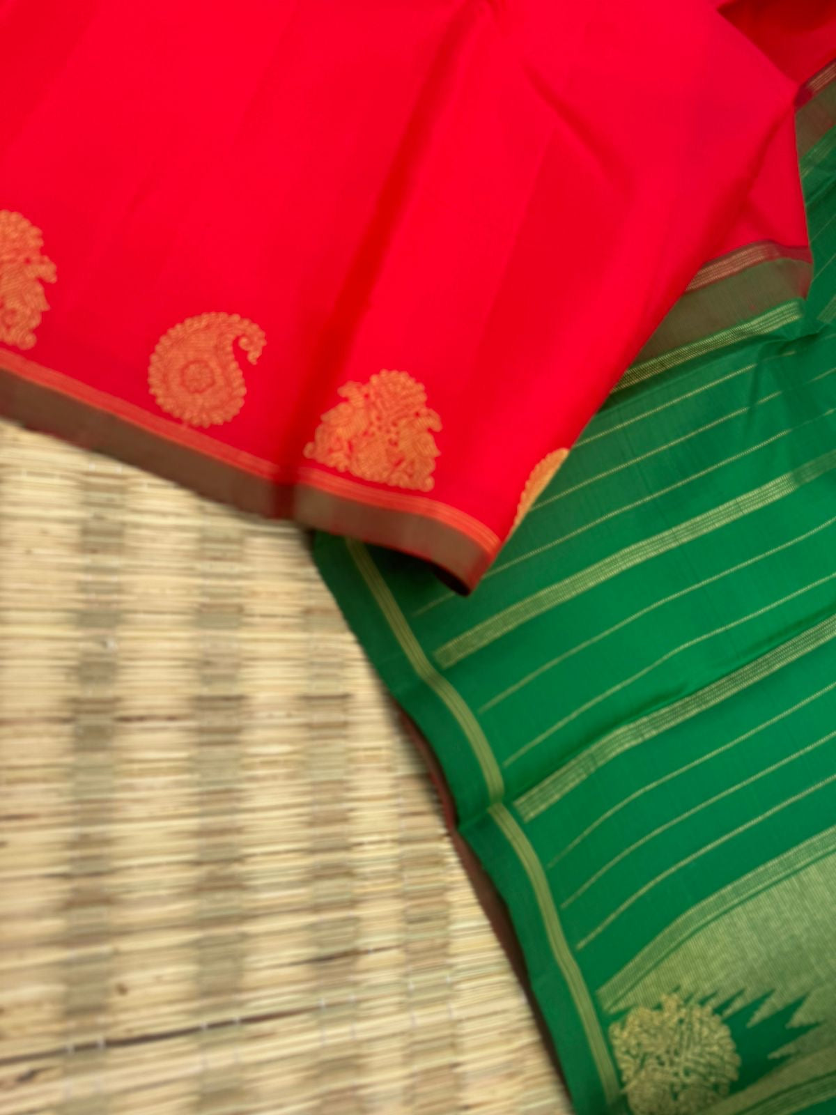 Shree - Simple and Elegant Kanchivarams - a deep red and green with buttas woven along with the borders